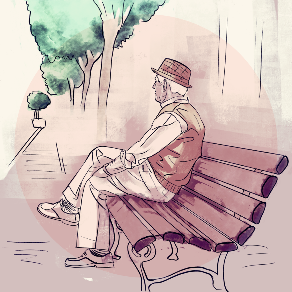 Elderly intersex person sitting on a bench
